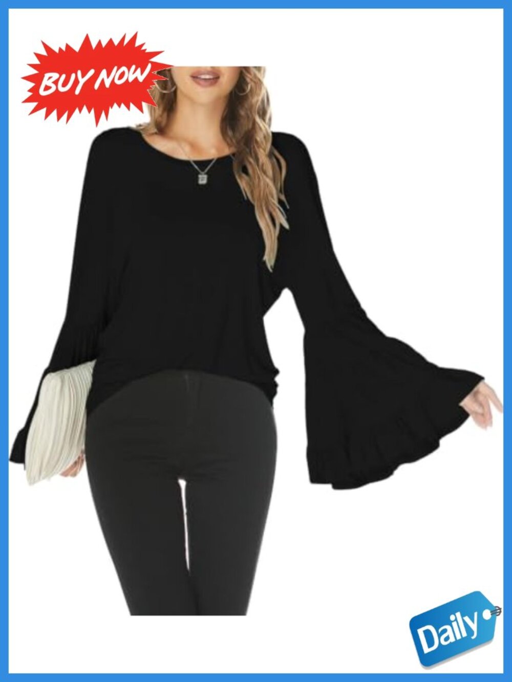 Hount Women's Long Bell Sleeve Top Rayon Spandex Loose Crew Neck Flare Blouse